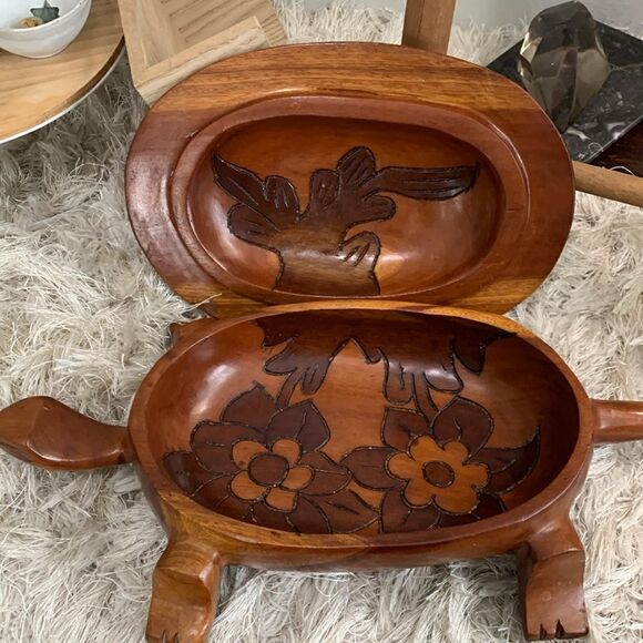 Vintage Decorative Hand Carved Wooden Large Turtle Tortoise Trinket Box W/Lid - Picture 4 of 16